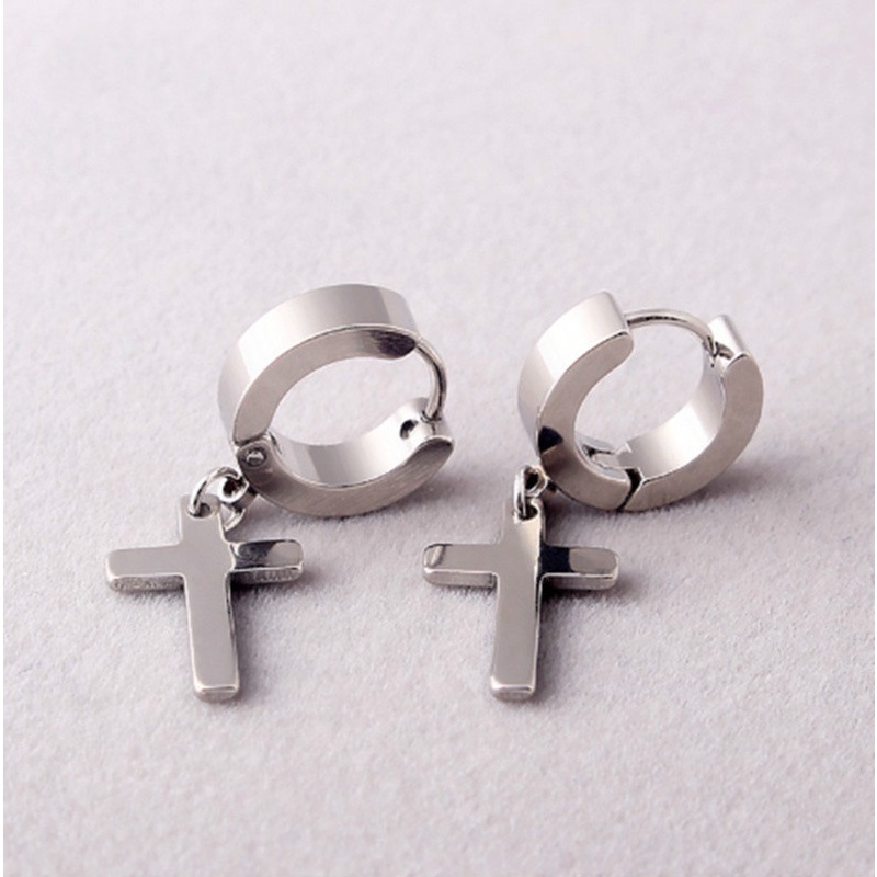 Anting hoop Liontin Salib Bulat Bahan stainless steel Gaya punk rock Untuk Pria