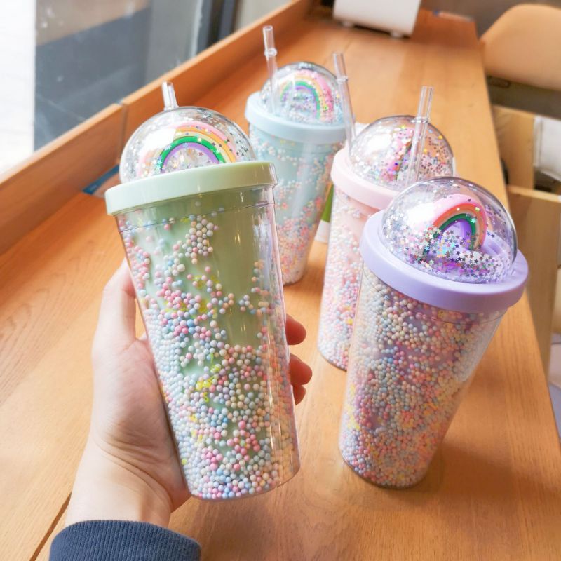 botol minum tumbler glitter rainbow sedotan