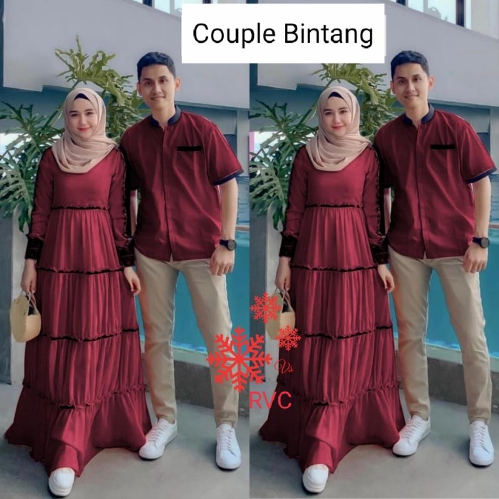 Gamis Couple Bintang/ Moscrepe & Jersey/Gamis Trendy/No Jilbab - Maroon, All Size