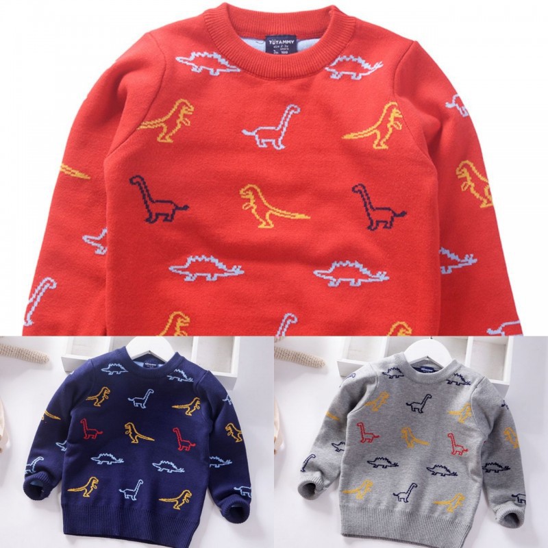 Sweater Dino Warna Grey Baju Atasan Anak Laki-laki Lengan Panjang Sweater Rajut Gambar Dinosaurus