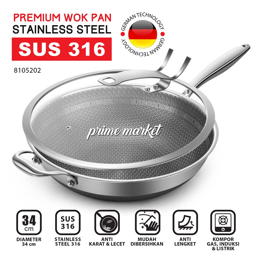 Honeycomb Stainless Steel SUS 316 MEDICAL GRADE Wok Pan/ Wajan Penggorengan Tinggi Anti Lengket Anti