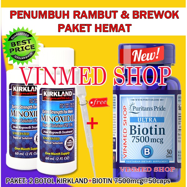 Kirkland Minoxidil 2 botol +Biotin Puritans Pride 7500mcg @50caps Paket Hemat