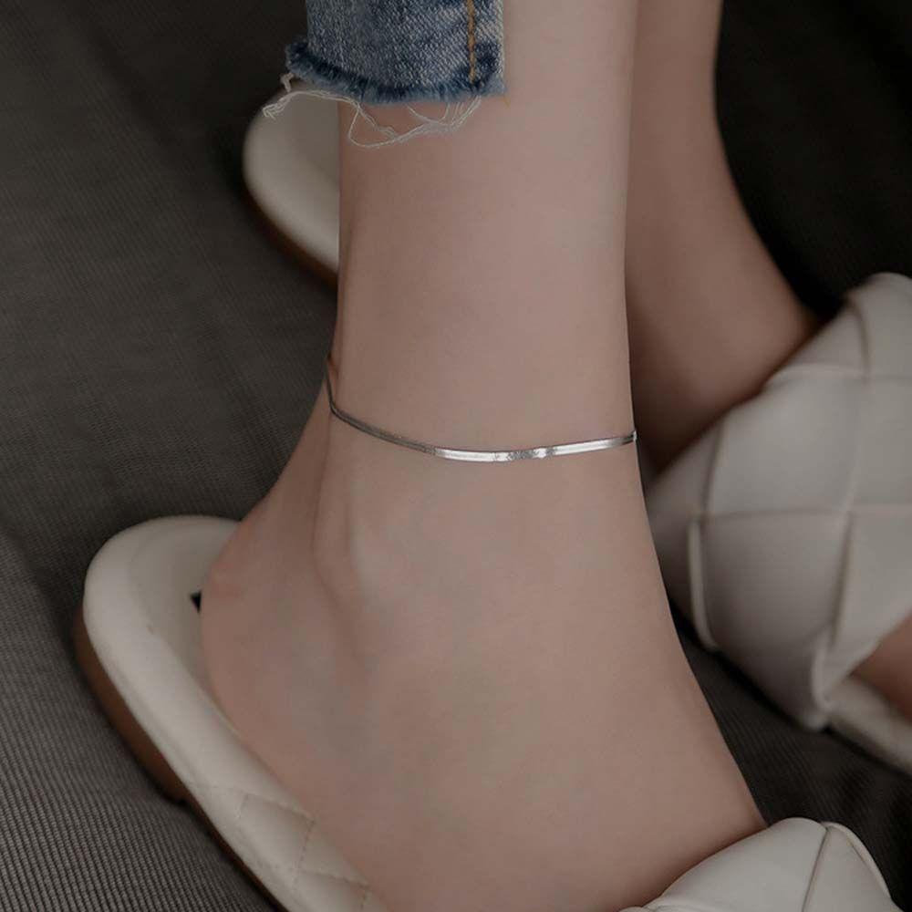 Needway Gelang Kaki Perak Musim Panas Pantai Untuk Wanita Pantai Punk Vintage Simple Square Brand Anklet