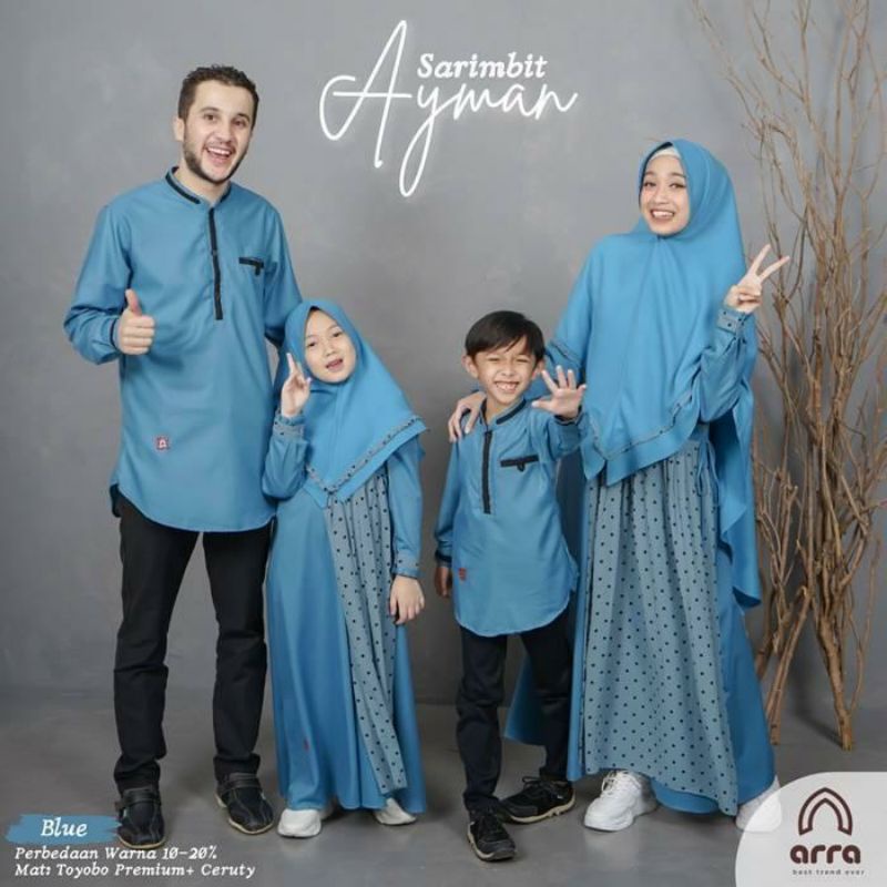 Sarimbit Ayman 01 Blue Arra Bahan Toyobo Premium Mix Ceruty Polkadot Gamis Ibu dan Anak
