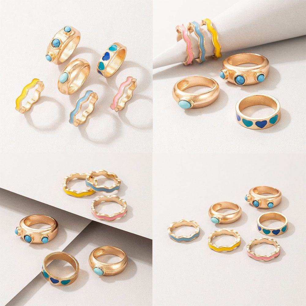 R-flower 6Pcs Opening Metal Ring Wanita Fashion Kesederhanaan Bunga Tai Chi Perhiasan Vintage Enamel Ring