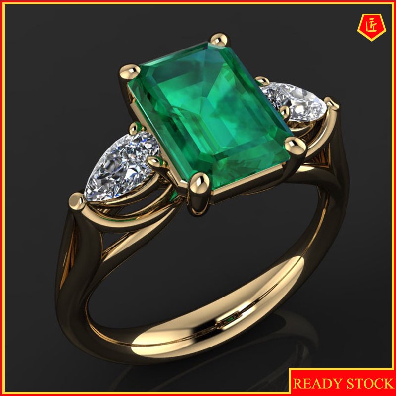 [Ready Stock]Fashion Elegant 18K Gold Green Square Diamond Ring