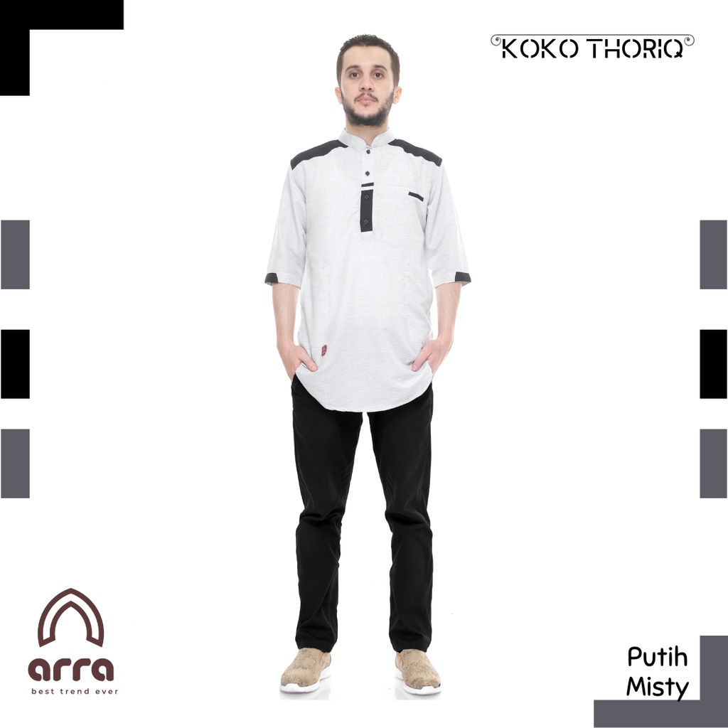 Baju Koko Kurta Thoriq Lengan Pendek Dewasa Pria Laki Ukuran Jumbo S/M/L/XL/XXL Bahan Oxford Denim Atasan Muslim Lebaran Koko Pakistan Modern Kemeja Tangan Kantong