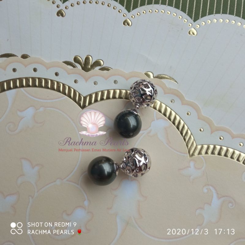 Giwang dior rangka rhodium putih silver mutiara air laut warna hitam asli original lombok mewah