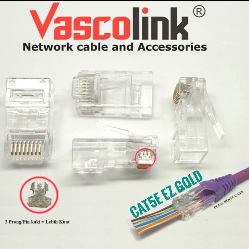 Konektor RJ45 Cat5E EZ Gold Vascolink 1pack isi 50pcs Anti Gagal