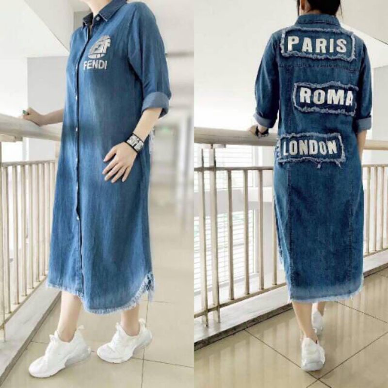 Longtunik Jeans wanita LD 115cm bordir Paris London Roma - tunik jeans wanita terbaru kekinian - tunik long jeans