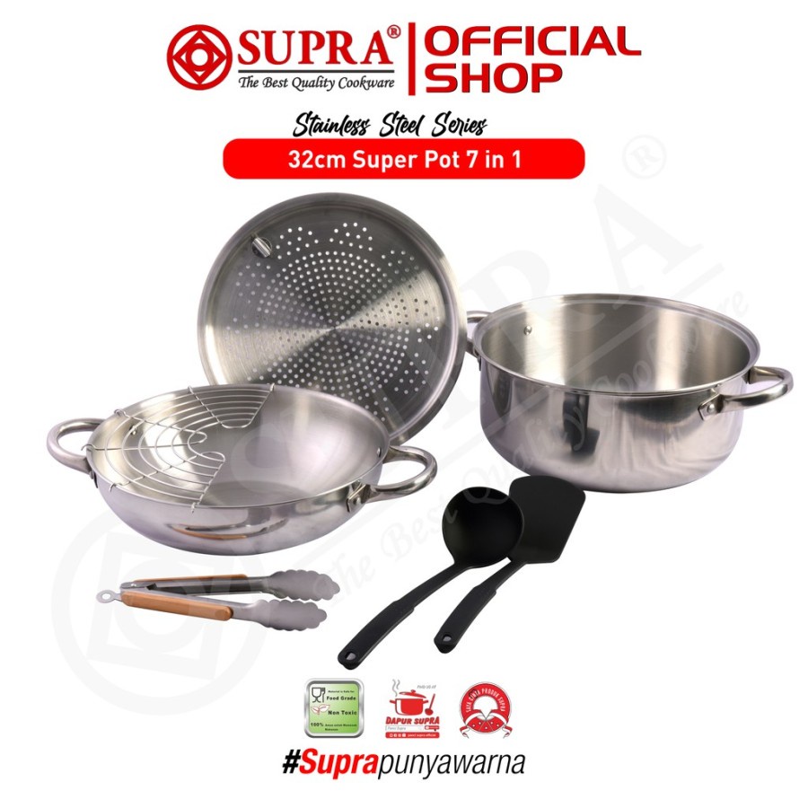 SUPRA Panci Stainless Steel 32 Cm Super Pot 7 in 1 - Panci Kukus Panci Masak Serbaguna