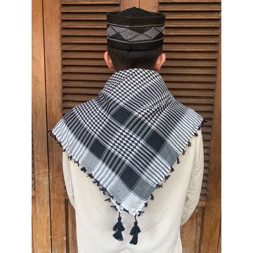 SORBAN MOTIF POLOS MOZAIK AMBANI CIAMIK SUPER PREMIUM PANJANG SAJADAH TASBIH PECI RAJUT QURAN DEWASA ANAK BAYI POLOS MOTIF HITAM PUTIH SOUVENIR NU KOPIAH ALAS HAJI UMROH-Hitam