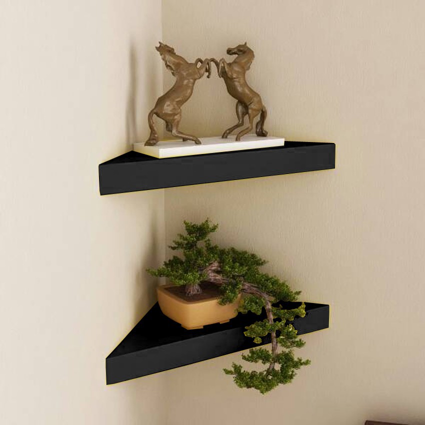 Set 2 Buah Ambalan Rak Dinding Sudut Segitiga Minimalis / Floating Shelves [25cmx25cm] - Hitam