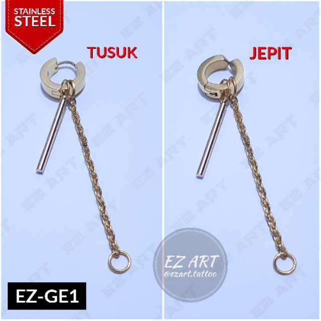 1Pc Model EZ-GE Gold Emas Stick Silinder Anting Pria dan Wanita Jepit Tusuk Variasi Bandul