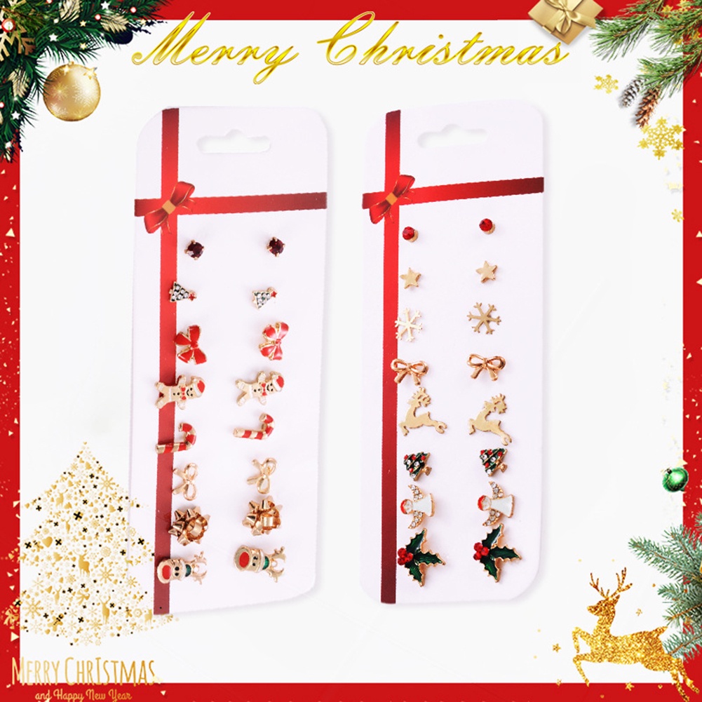 Hu Hu Hu Hu Hu Alat Bantu Pasang Kacamata♡ 8 Pasang Anting Tusuk Motif Pohon Natal / Rusa / Snowflake / Gingerbread Man Untuk Wanita