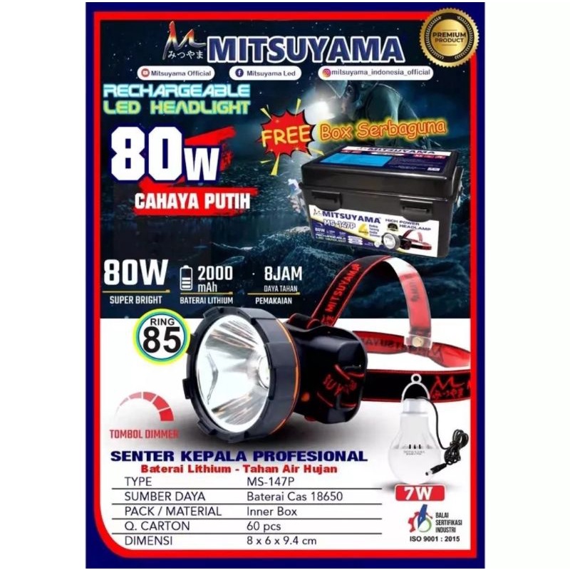 Headlamp Mitsuyama MS 147P 80W / Senter Kepala LED 80Watt + Bohlam 7Watt / Lampu Kepala LED 80Watt