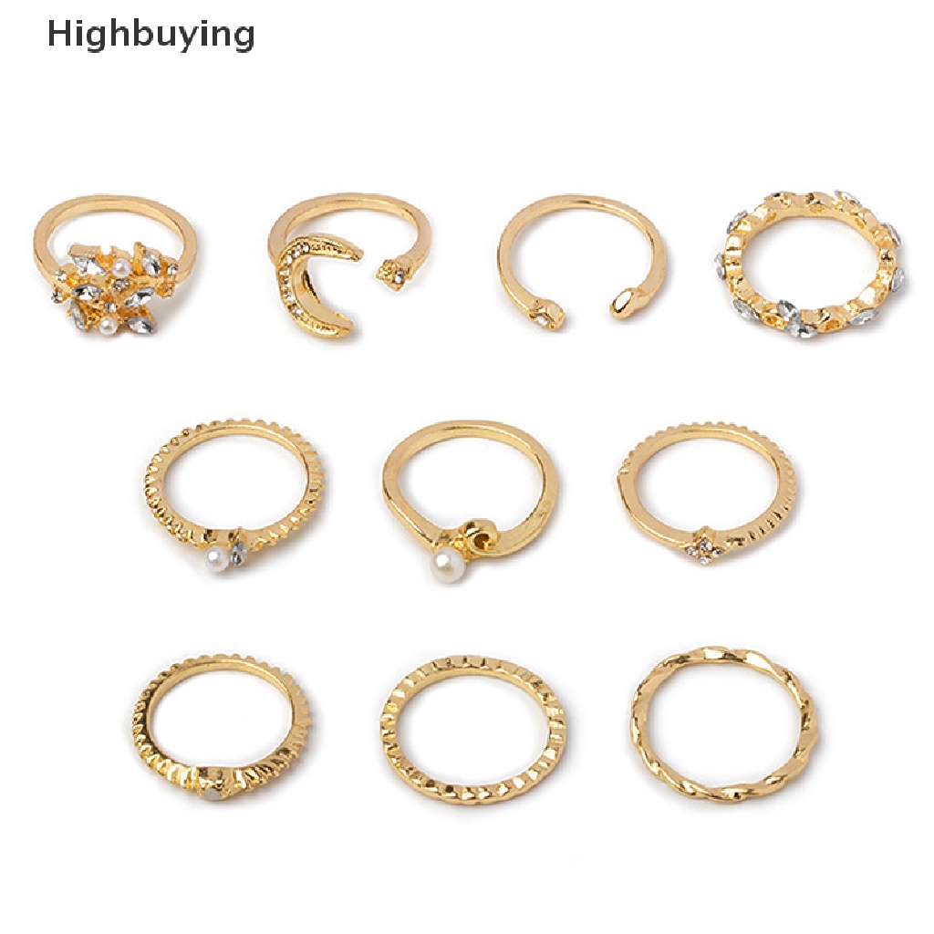 Hbid 10Pcs / set Cincin Motif Daun / Bunga / Bulan / Bintang / Geometri Aksen Mutiara + Kristal Untuk Wanita