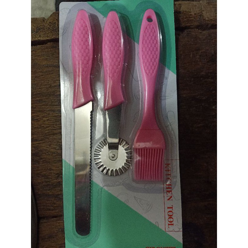 SET cream pisau kuas roda stainless / pisau poles kue roti / kuas kue roti silikon isi 3pcs