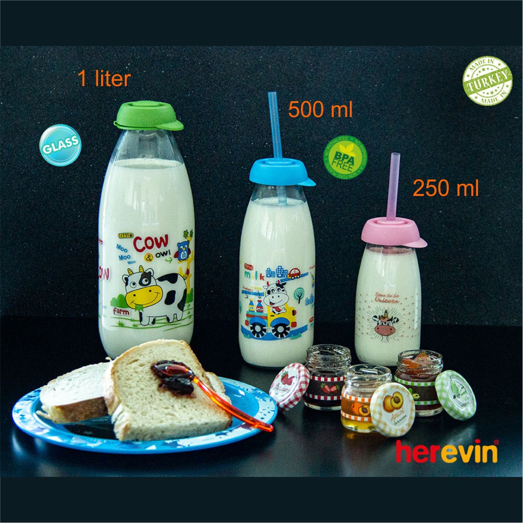 Herevin  Botol Air Tempat Minum Susu Kaca Anak Transparan  Motif Unik Lucu Straw Sedotan 500 ml-2