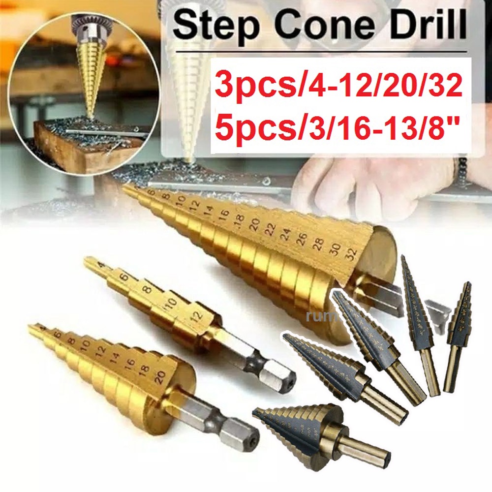 Mata Bor Pagoda Spiral Besi Kuningan Kayu Plastik Step Drill Tingkat Payung Cone HSS 3PCS 5PCS 6PCS 4 12 20 32 3 6 8