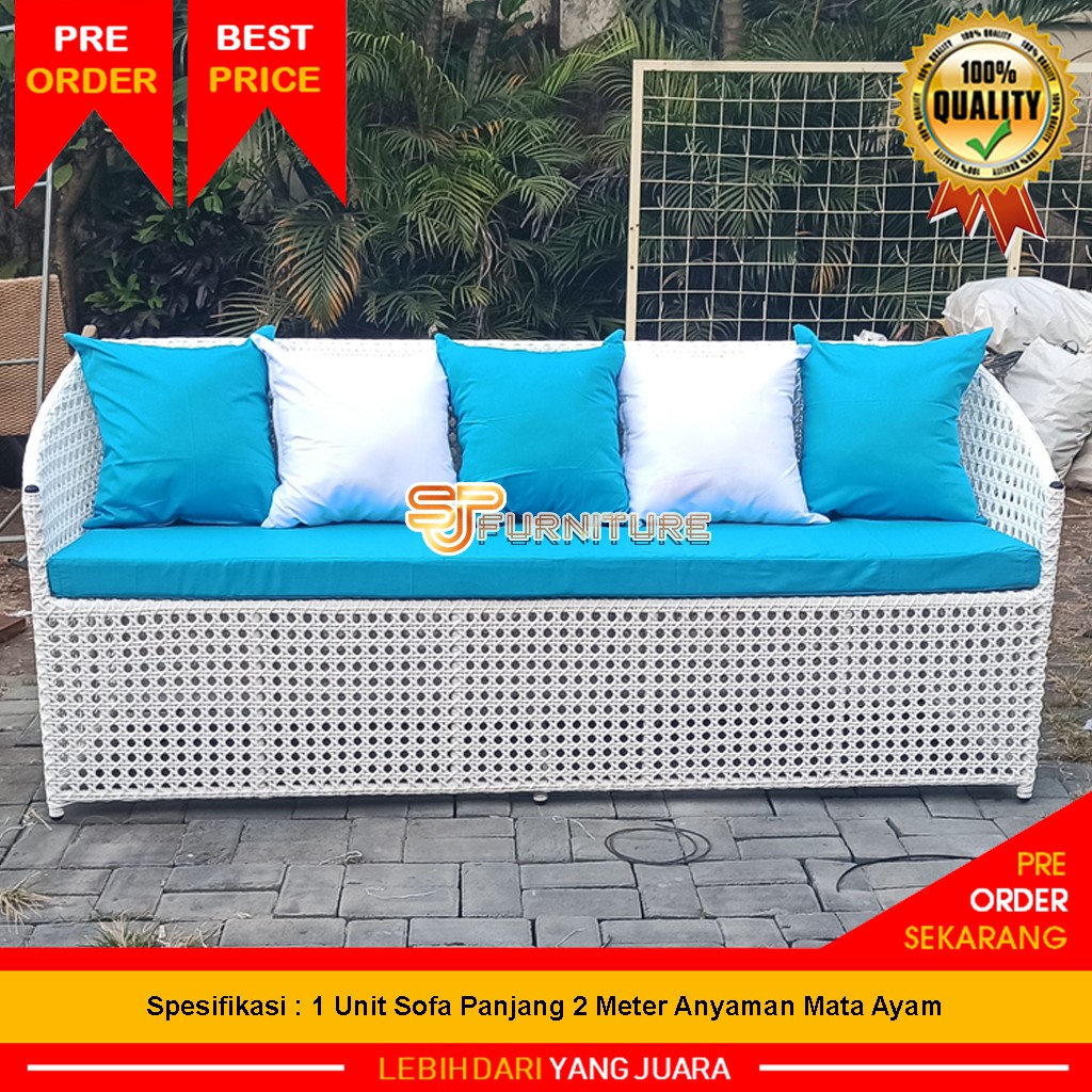 Sofa Panjang 2 Meter Rotan Sintetis Anyaman Mata Ayam [Rangka Besi]
