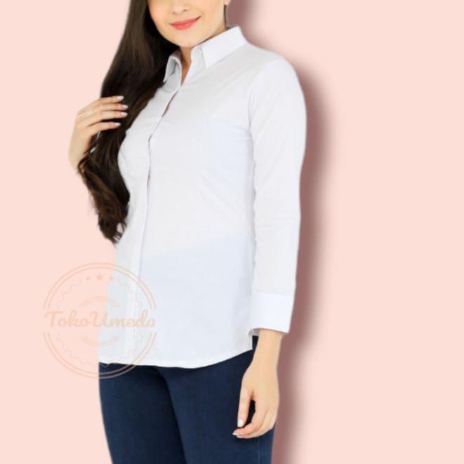 ➦ Kemeja Putih Wanita Lengan Panjang Baju Kemeja Kerja Kantor Formal Polos Putih ☊