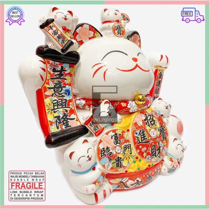 Pajangan Patung Hiasan Boneka Dekorasi Kucing Bawa Panggil Rejeki Rezeki Hoki Maneki Neko Maneko Neki ManekiNeko Lucky Cat Keberuntungan Keramik Baterai Batrai Batre Listrik Tangan Goyang Gerak Meja Etalase Toko Resto Cafe Cina China Jepang Jumbo Besar XL