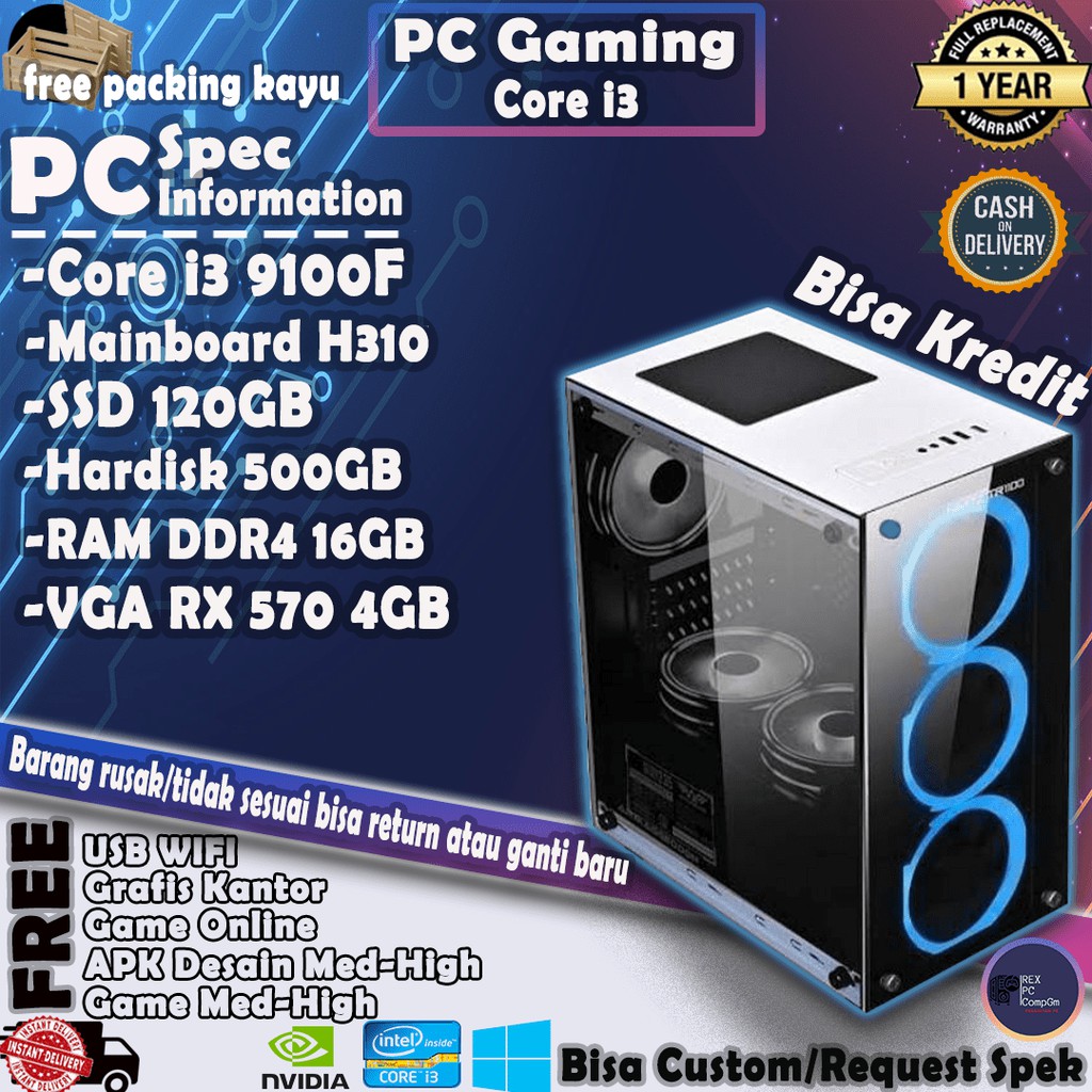 pc komputer gaming rakitan core i3 9100f ram 16gb vga rx 570 4gb hardisk 500gb ssd 120gb