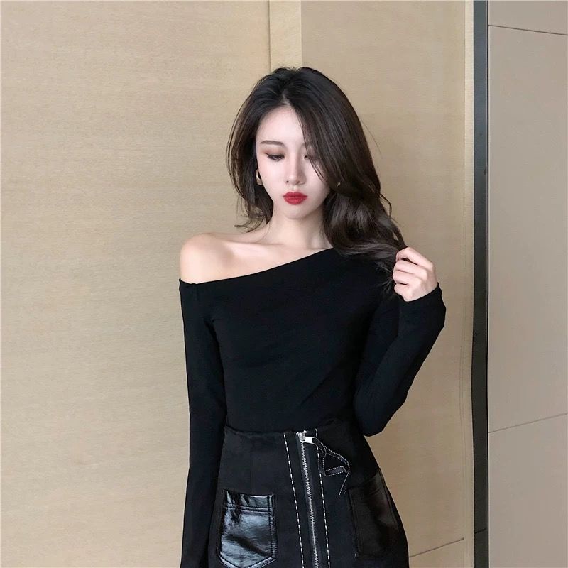 import sexy open collarbone slanted shoulder top off-shoulder one word neck bottoming shirt wanita l