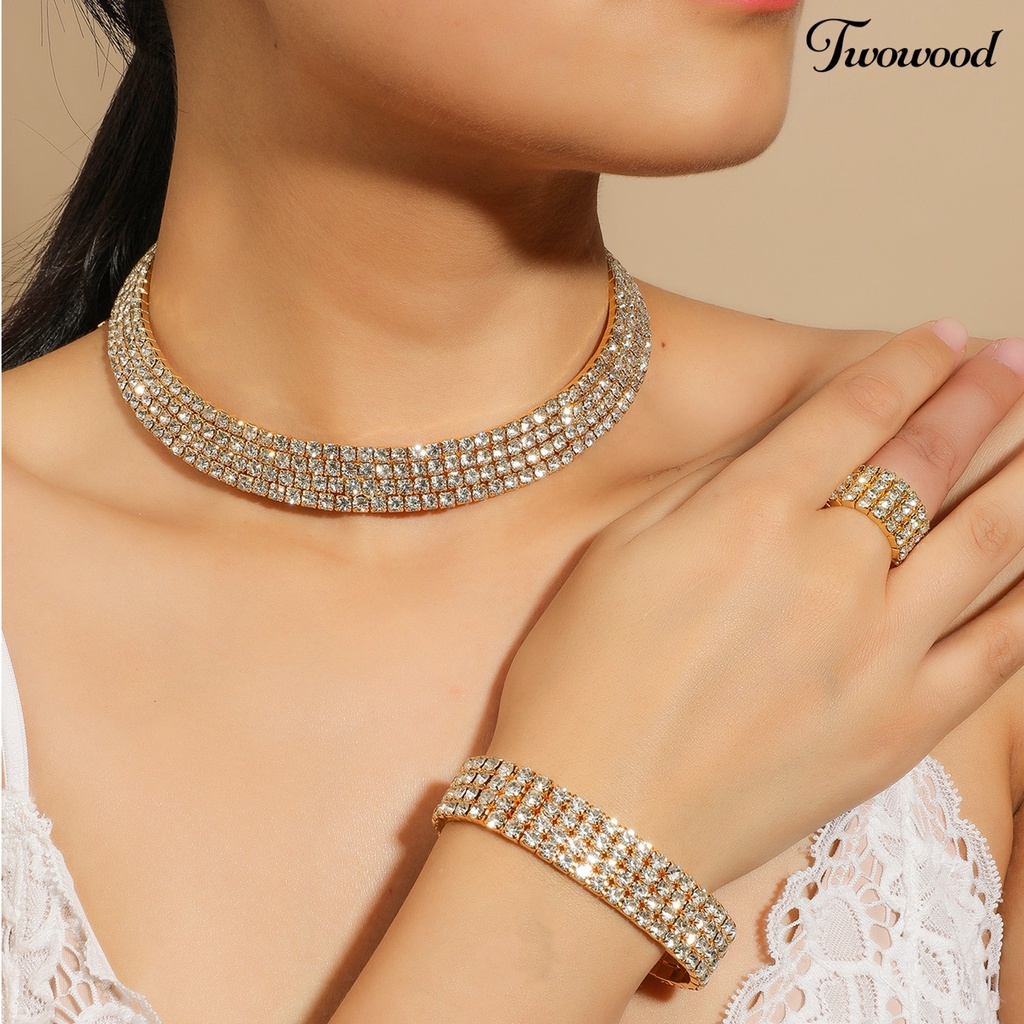Twowood 4Pcs/Set Extension Chain Necklace Earrings Bracelet Ring Adjustable Multi Rows Full Rhinestone Women Choker Necklace Set Jewelry Accessory