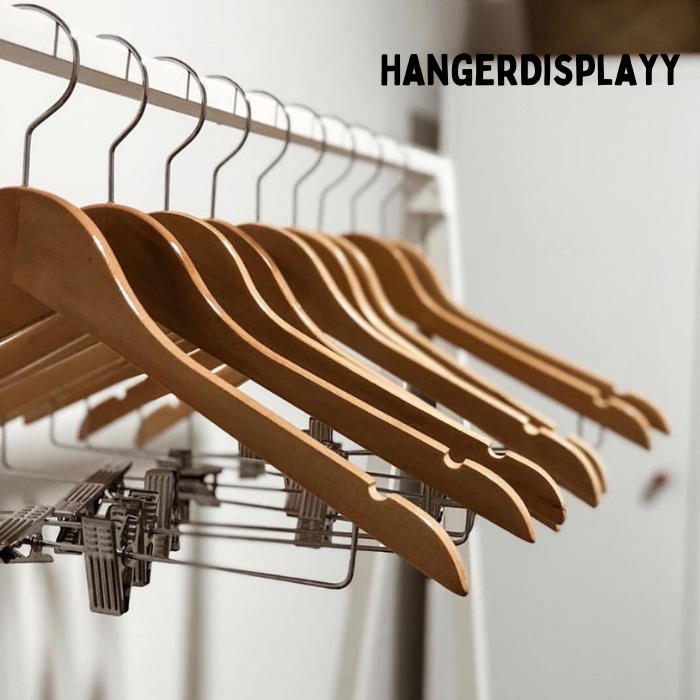 Hanger Kayu Dewasa Jepit Besi (Wood) - Warna Natural 1 Lusin  Gantungan Baju Palang Jepit Besi Setelan (12 Pcs)