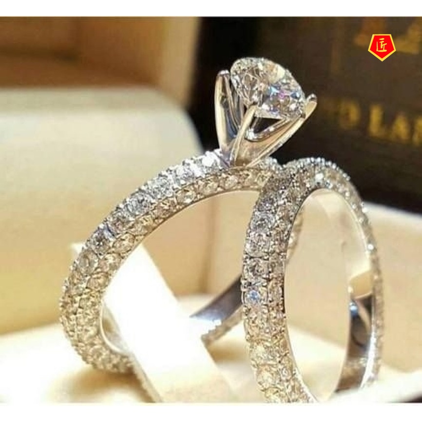 [Ready Stock]S925 Silver Full Diamond round Moissanite Ring Set Female