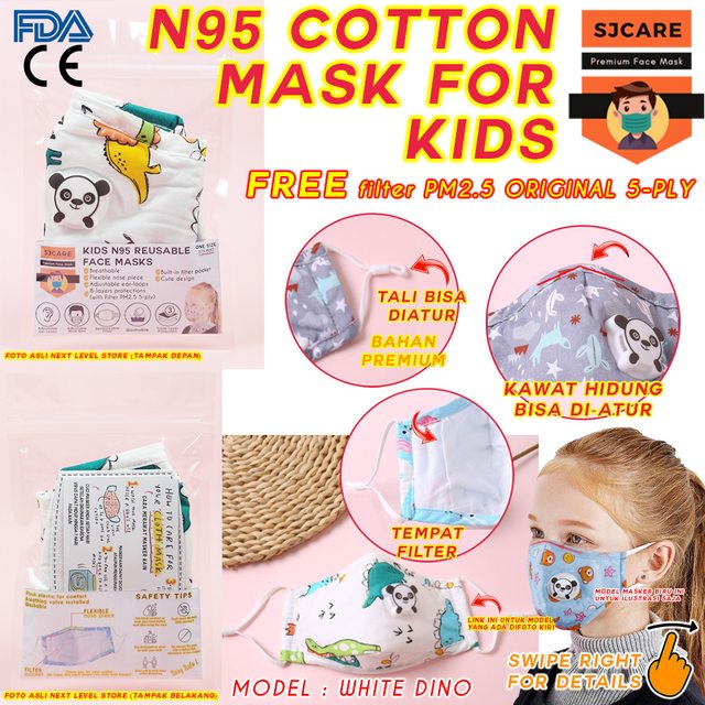 SJCare Masker Anak Premium Kids Katup Respirator FREE FILTER PM 2.5 - White Dino