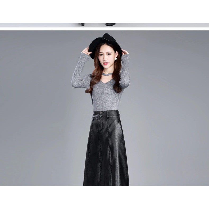 SALE ROK KULIT WANITA LEATHER WARNA HITAM MODEL A LINE PREMIUM