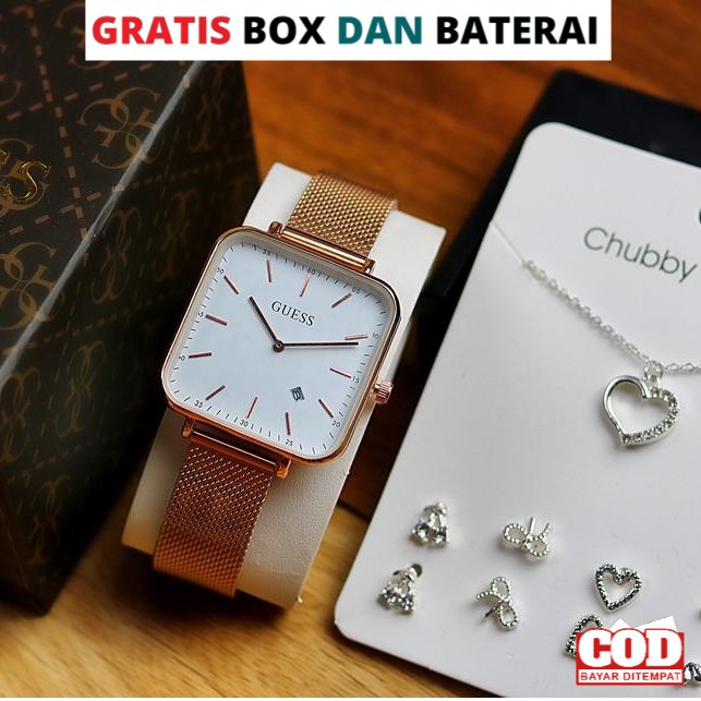 Jam Tangan Cewek Fashion Analog Rantai Pasir Free Kalung Sama Anting