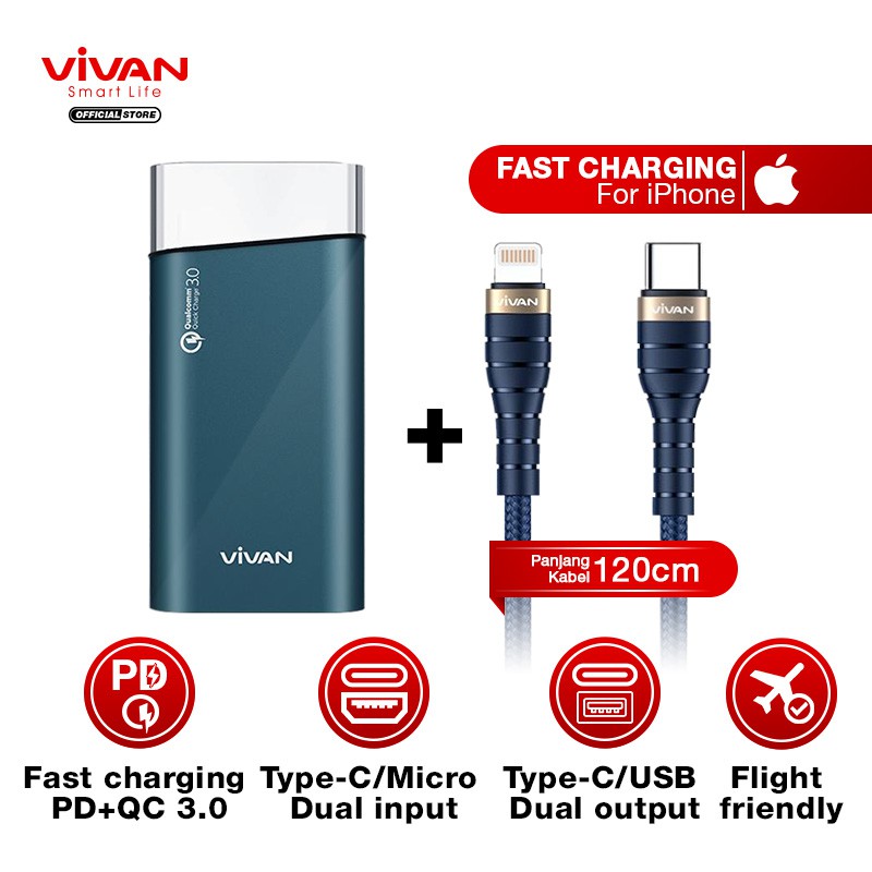 Powerbank VIVAN Original Power Bank 10000mah Fast Real Resmi VPB-G10 PD QC3.0 + Kabel Data iPhone PD