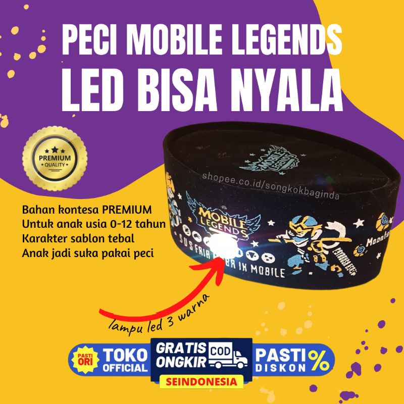 Peci LED Karakter Mobile Legends Lampu Led Nyala Songkok Anak BALITA Karakter Kartun Kopyah TPQ