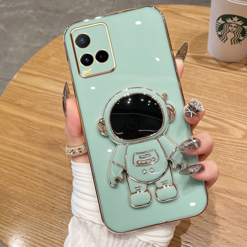 Casing Ponsel Vivo Y21S Y21 2021 Y33S Y33T Y21A Y21E Y21T V2110 Warna Permen Astronot Stand Deluxe Camera Case