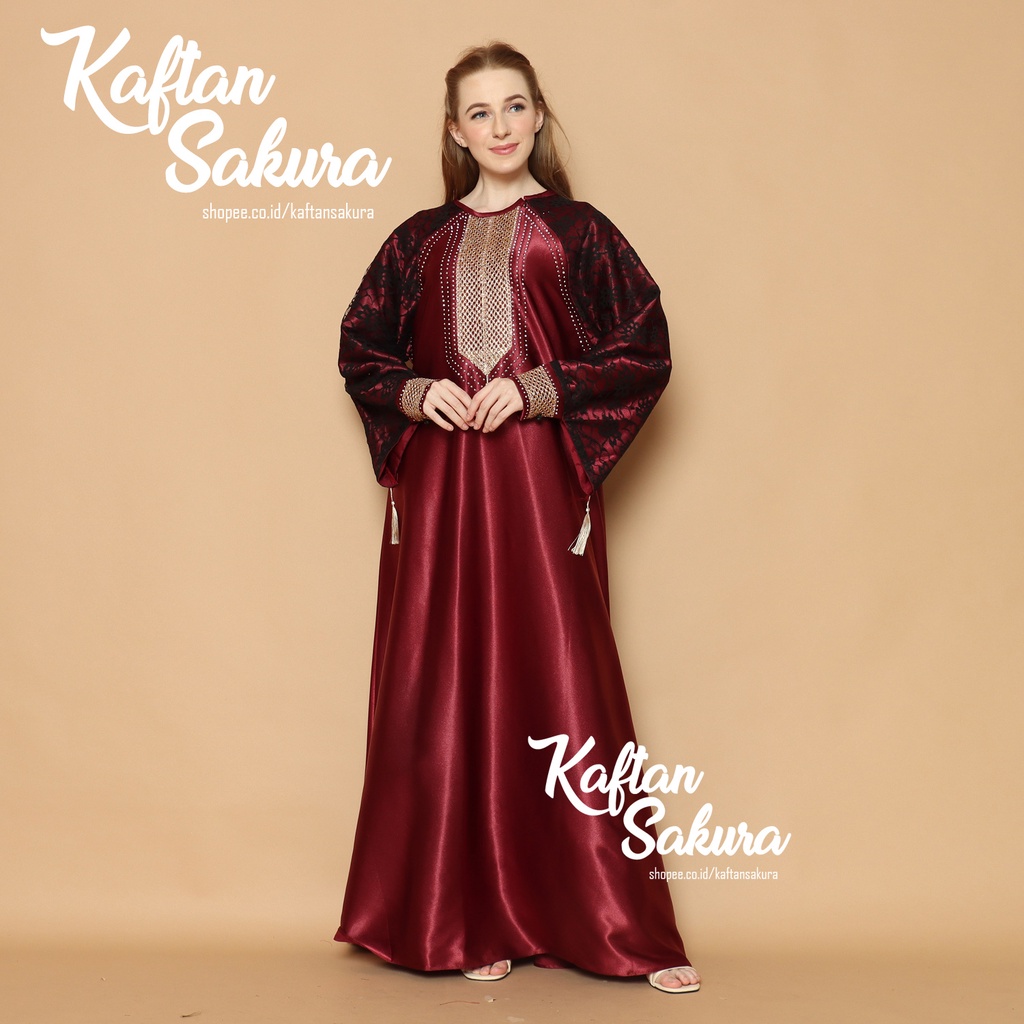 BAJU KAFTAN WANITA BAHAN SATIN PREMIUM WARNA HITAM MAROON NAVI UNTUK LEBARAN ALL SIZE MEWAH