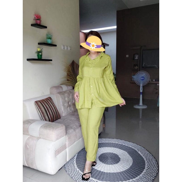 popy one set/setelan polos kerah/setelan polos kekinian/jasmine one set