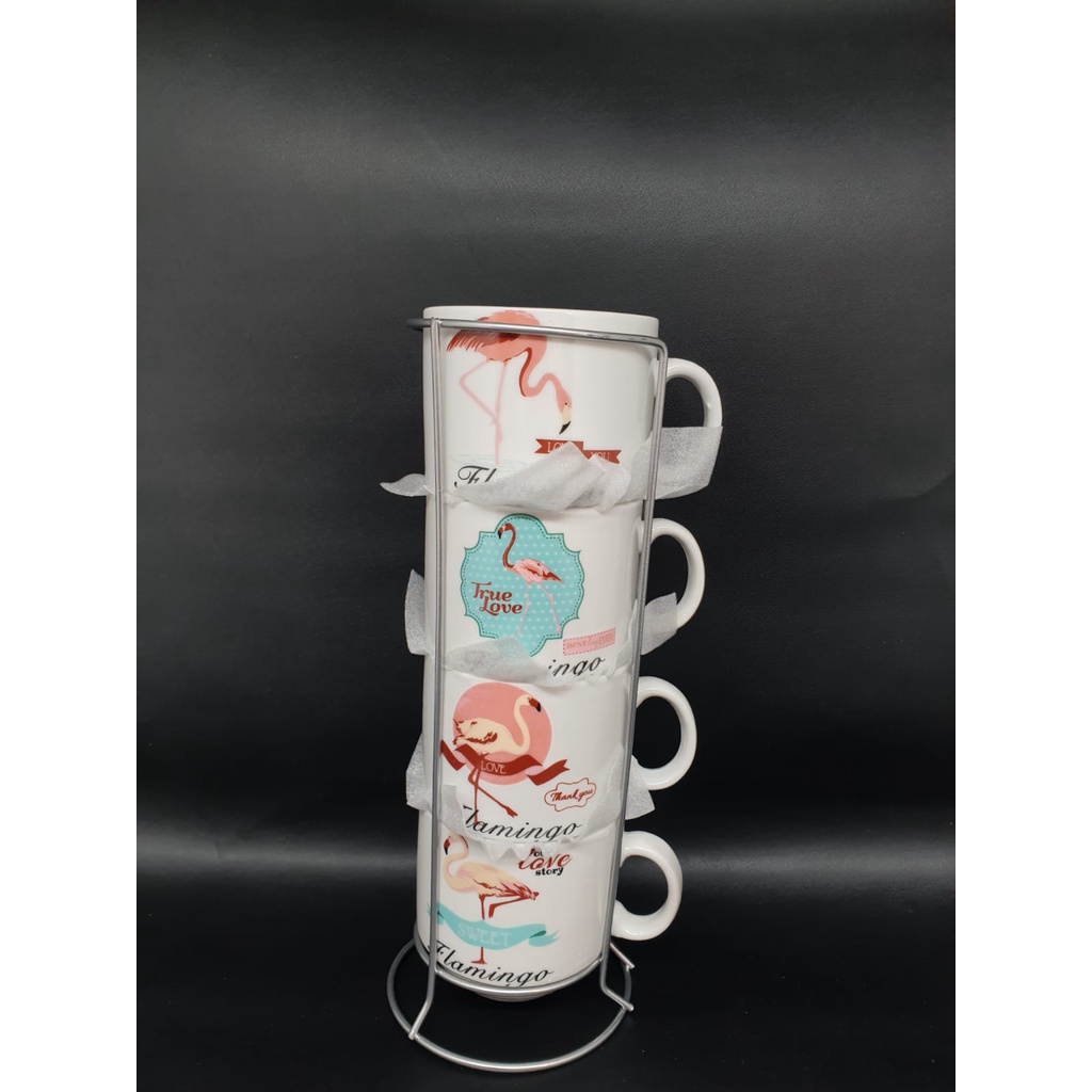 BABEE MUG KERAMIK SET 4 SUSUN SIZE S / CANGKIR GELAS 4 SUSUN BANYAK MOTIF / MUG TEH KOPI / KADO UNIK-Flamingo