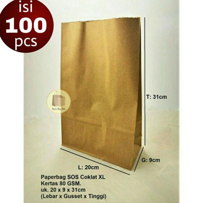 

(TERLARIS) BE5T SELLER!!! Paperbag SOS Kantong Kertas Coklat XL 20x9x31 cm (isi