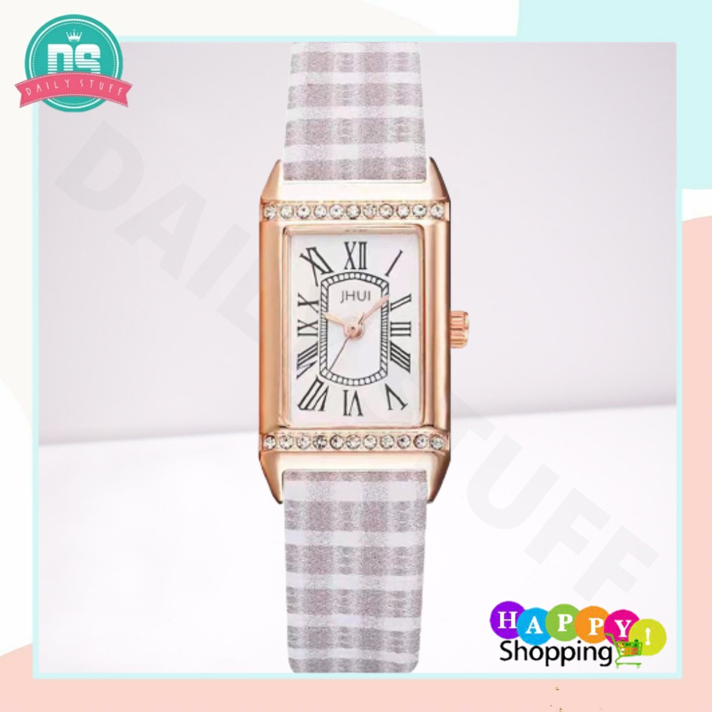 DS J033 Jam Tangan Wanita Analog Quartz Bahan Kulit Bentuk Persegi Panjang Fashion Korea Import Murah