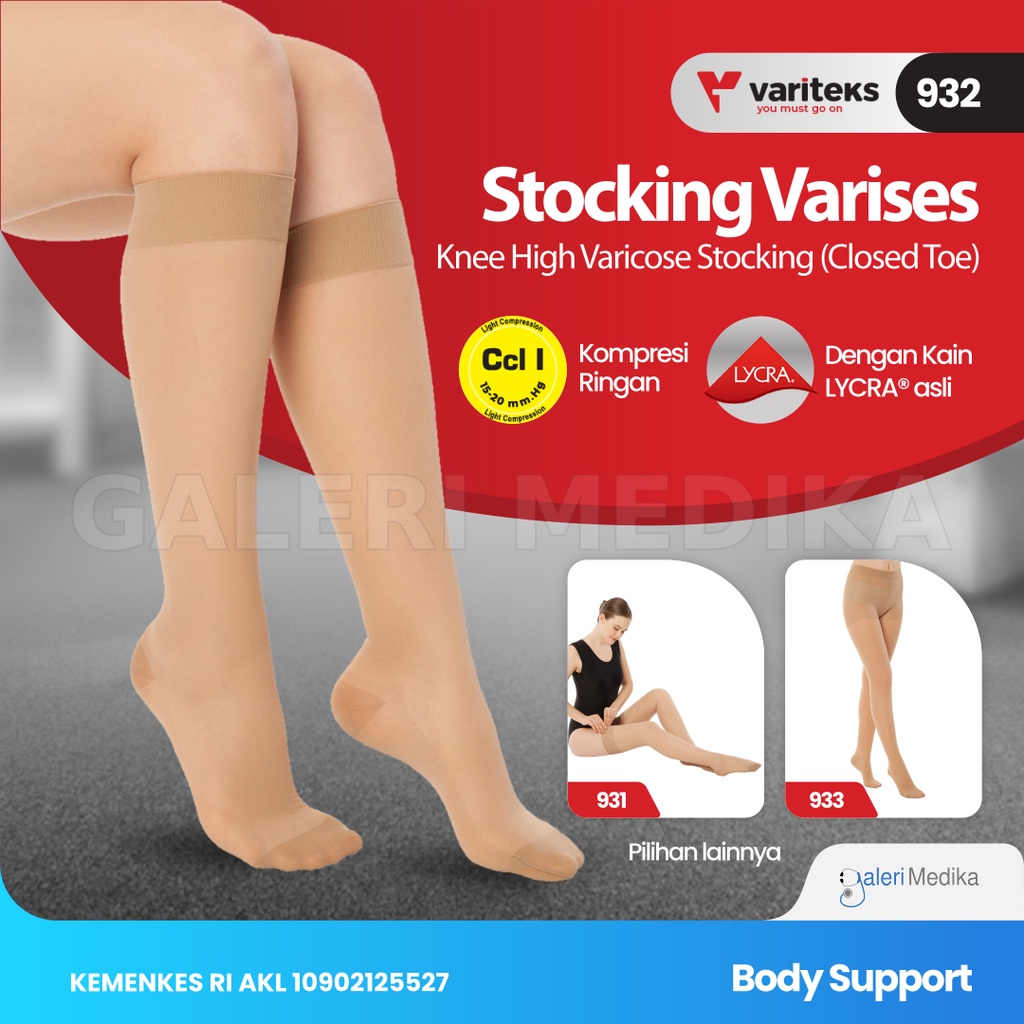 Stocking Varises / Stoking Varises Variteks 932 Knee High (Jari Tertutup) - Kompresi Ringan 15-20mmHg Kelas I / Light Compression CCL 1