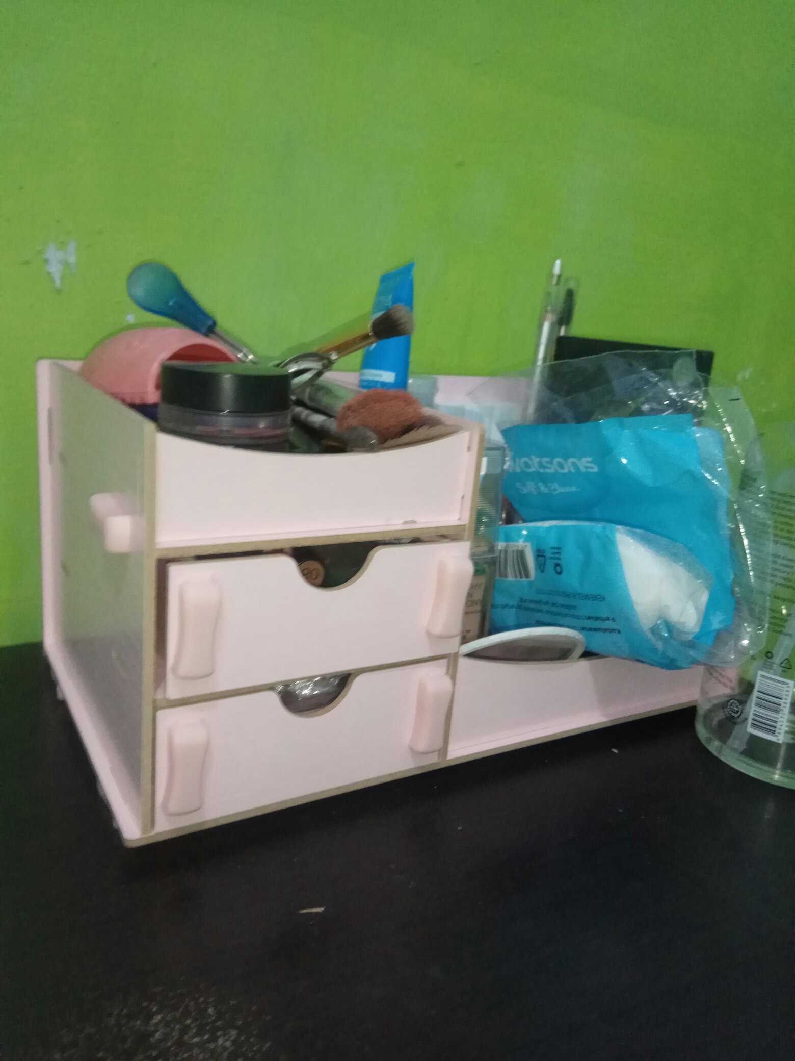 Bdp012 - Rak Kosmetik Bahan Kayu Desktop Storage Cermin Make Up Kuas