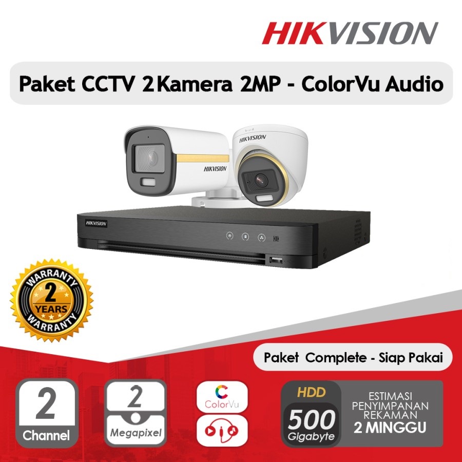 PAKET CCTV HIKVISION 2MP COLORVU AUDIO 2 KAMERA SIAP PASANG