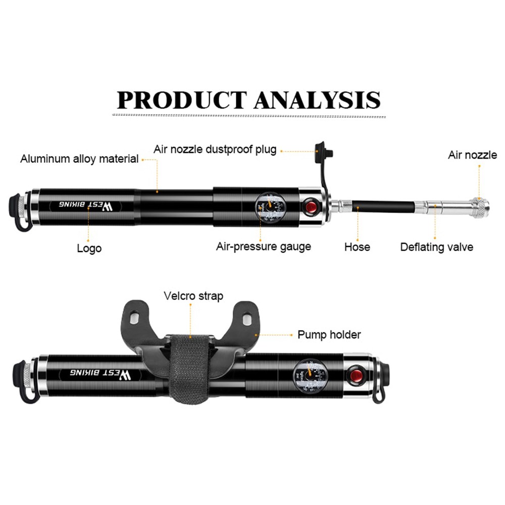 PROMO West Biking Pompa Angin Ban Sepeda Mini Portable 160PSI with Pressure Gauge Barometer - Silver