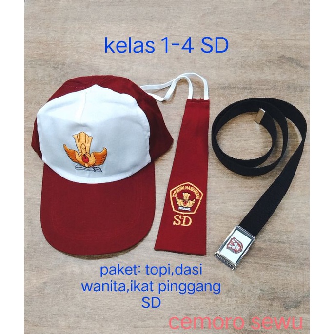 paket seragam sekolah topi merah putih,dasi wanita dan ikat pinggang kelas 1-4 SD