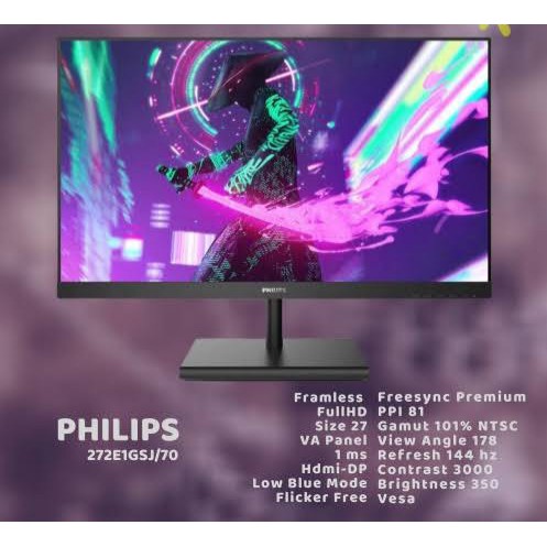 MONITOR LED PHILIPS 27&quot; 272E1GSJ RESOLUSI 1920 x 1080 / 144Hz