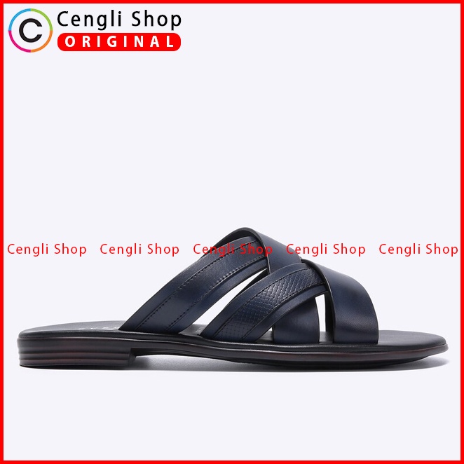 SANDAL SLIDE EVERBEST PRIA ORIGINAL CASUAL KULIT ASLI BIRU NAVY EM43